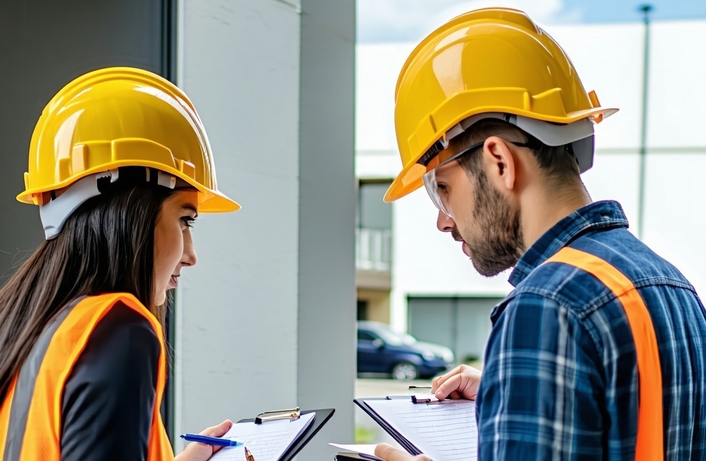 2 people in construction hats looking at the outside of a building writing notes on their clipboards the people are performing and audit on the building-1