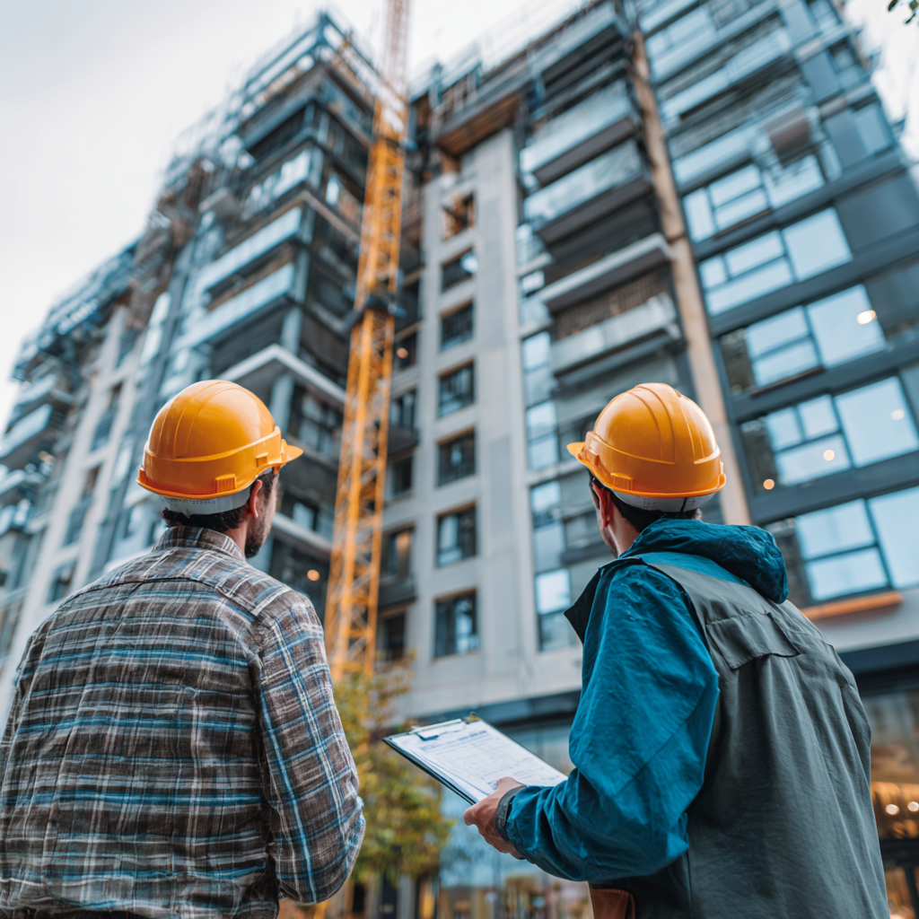 Two workers evaluating a building as part of the Building Life Cycle Assessment